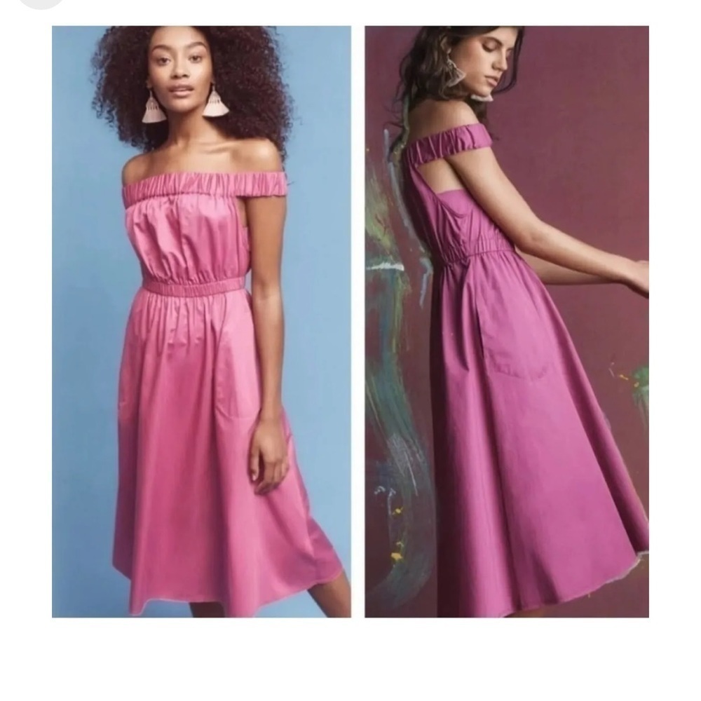 Anthropologie Maeve Mona Off the Shoulder Midi‎ Dress Fuchsia